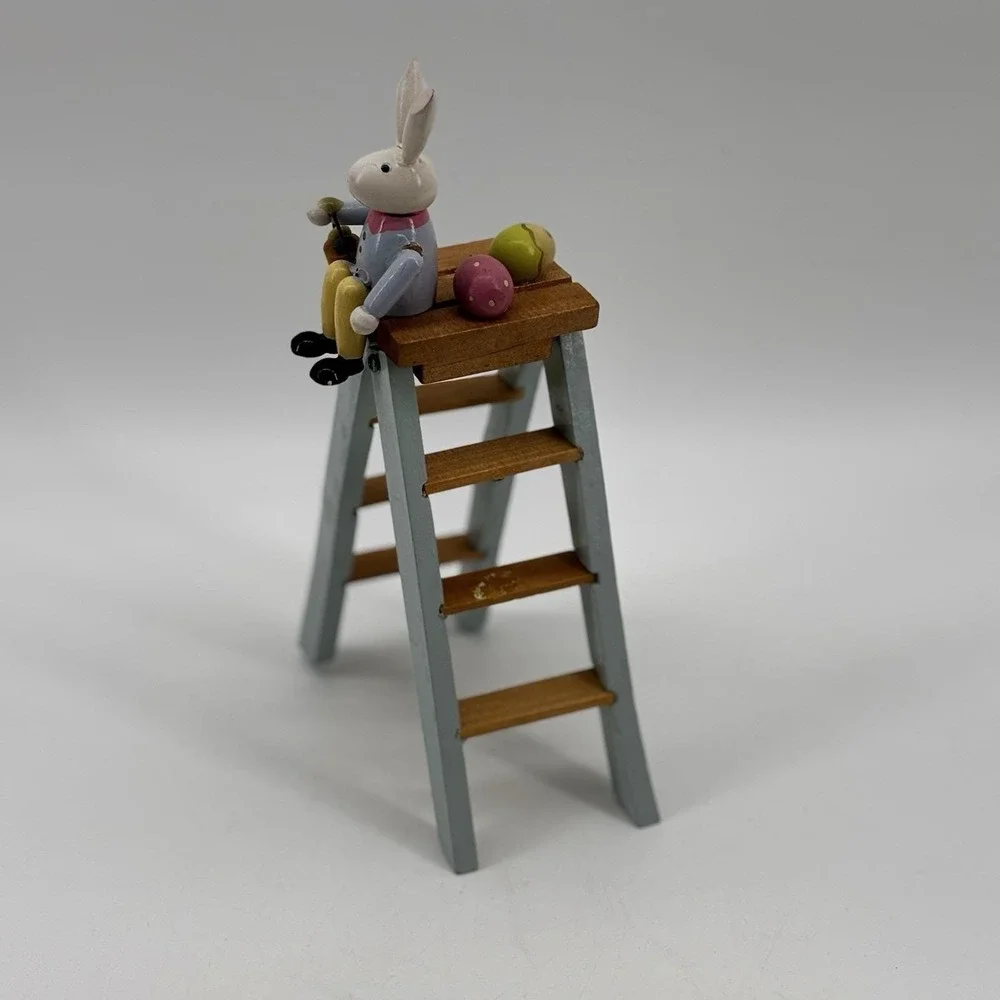 Vintage Erzgebirge Wooden ‎ Easter  Bunny Rabbit on Ladder With Eggs Figurine